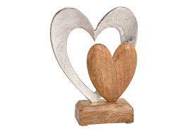 Inima metalica, lemn de mango, maro argintiu, 16x21x6cm