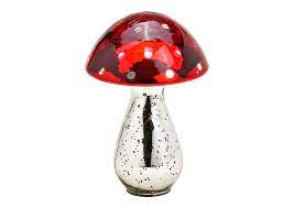 Element decor ciupercă de sticlă roșie, argintie  15x21x15cm